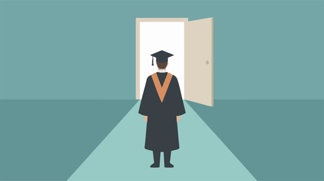 Graduate facing an open door, symbolizing new beginnings and future path