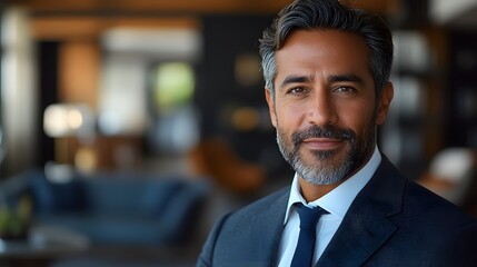 Fototapeta premium Businessman in a suit smiles confidently inside an office with modern decor during daytime