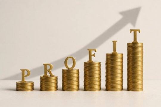 Stacks of gold coins of increasing height spell out PROFIT. A shadow arrow pointing upwards symbolizes financial growth, success, and investment return.