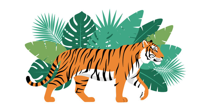 Tiger walking with tropical jungle leaves on white background