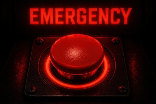 A glowing red button on a dark metal panel. The word "EMERGENCY" is illuminated above, conveying a sense of urgency, danger, and a critical decision.