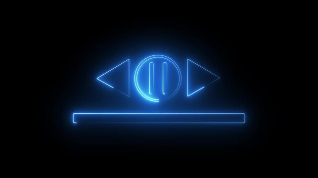 Neon video, audio play baton icon on black background.  Glowing neon blue color play baton icon animation.