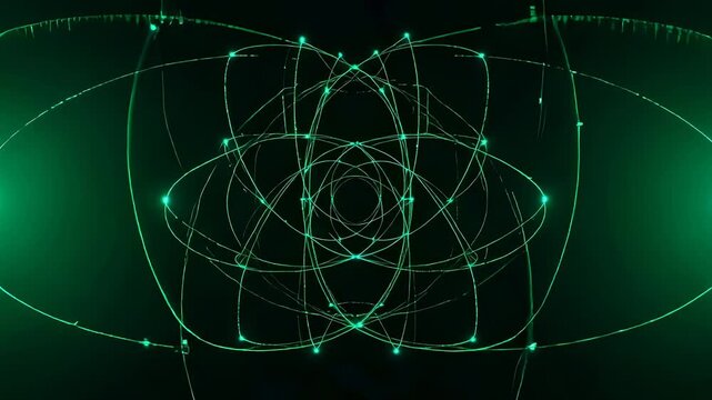 Green glowing atom structure spinning in space. Abstract scientific model of atomic particle with light trail energy rings. Futuristic physics research simulation.