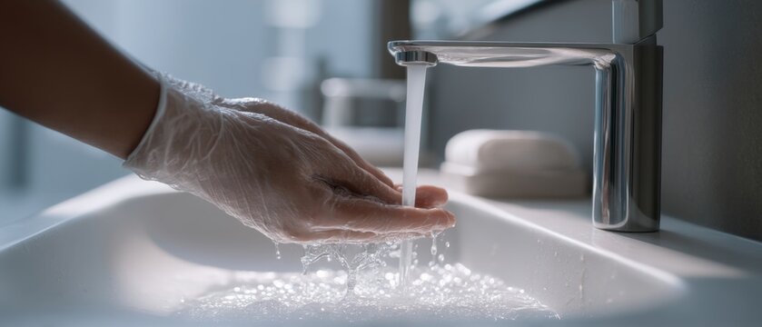 A person washing their hands under a modern faucet in a clean bathroom environment promoting hygiene and health practices for personal care. Generative AI