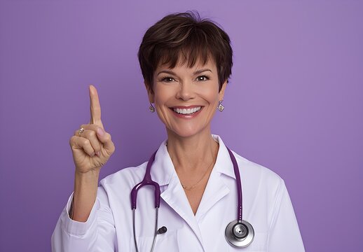 Photo of smiling female doctor pointing up, wearing a white coat and stethoscope