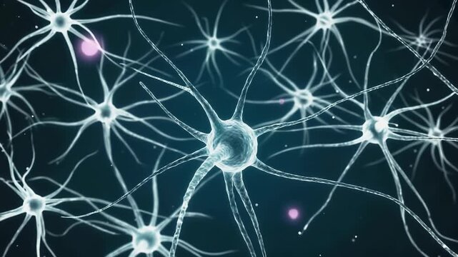 Neural network forming as cells extend branches and connect through synapse points in dynamic microscopic environment. Brain communication concept