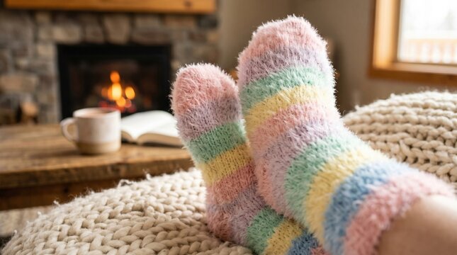 Cozy scene with fuzzy rainbow socks on feet fireplace and book in the background living room log cabin fireplace