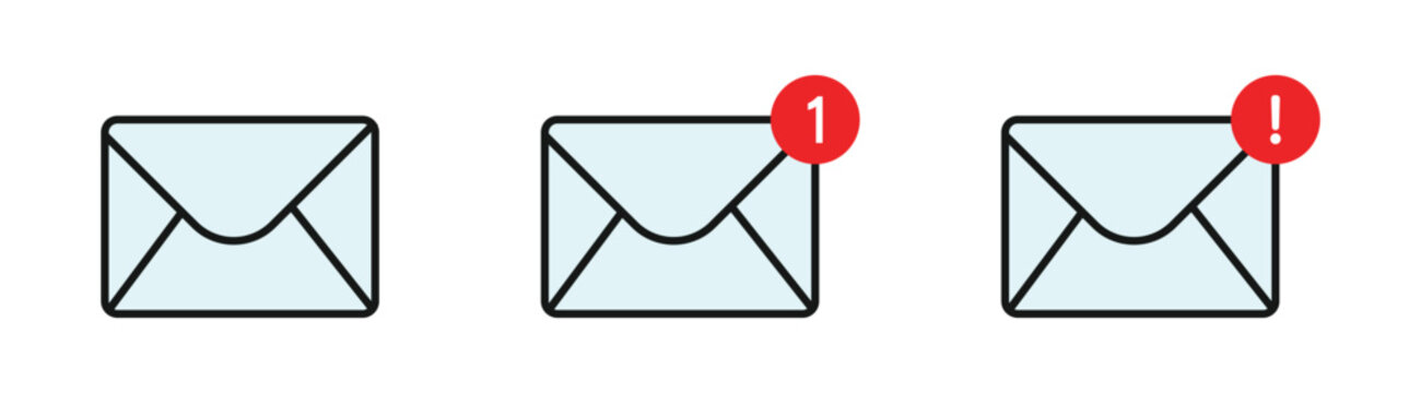 Mail notification icon set. mail symbols with notification alerts and message with red alert or notification badge. Email icons for app, UI and web, vector illustration.