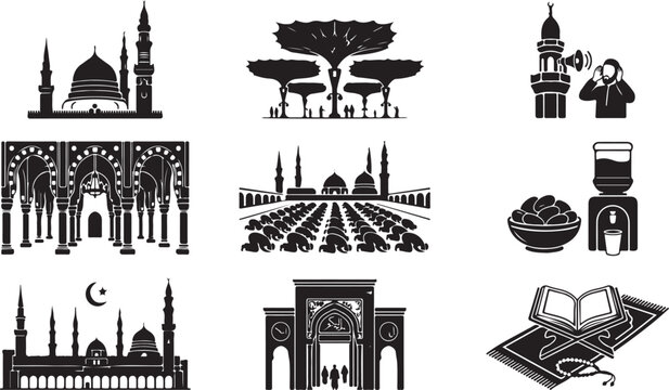 Islamic Mosque and Ramadan Prayer Icon Set Muslim Salah Crowd Architecture Quran Dates Azan Silhouette Vector Collection