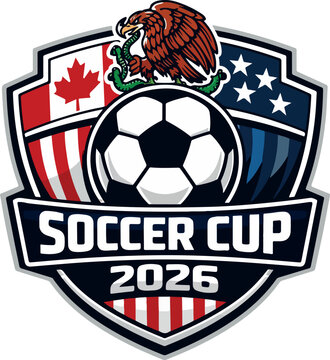 Soccer Cup 2026 emblem with flags of Canada Mexico and USA united