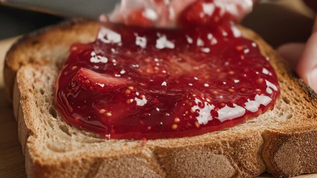 Strawberry jam spread on toasted bread slice with visible fruit pieces and seeds, close up of breakfast preparation featuring fresh fruit preserve, knife, and crispy bread texture with warm lighting