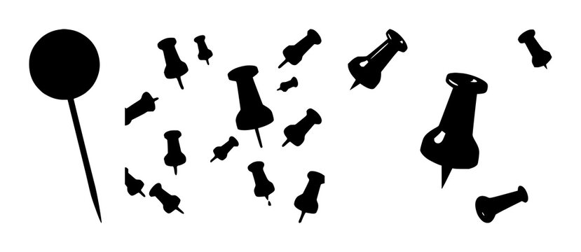 Black silhouette, white background: push pin set with simple line art design featuring sketches, drawings, vector graphics with minimalist and simple illustrations