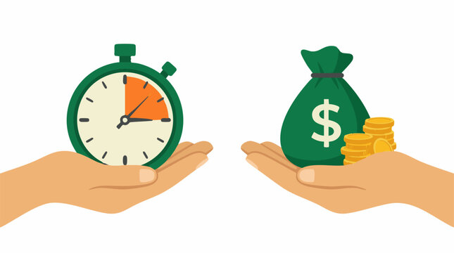 Time is Money concept with hands holding stopwatch and money bag
