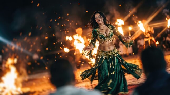 Belly dancer performs by firelight at night