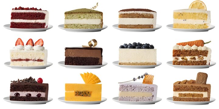 Various Flavor And Decoration Twelve Cake Slice Collection Grid Red Velvet Matcha Tiramisu Chocolate Strawberry Cheesecake Isolated On White Background Food Lifestyle Dessert Product Photography