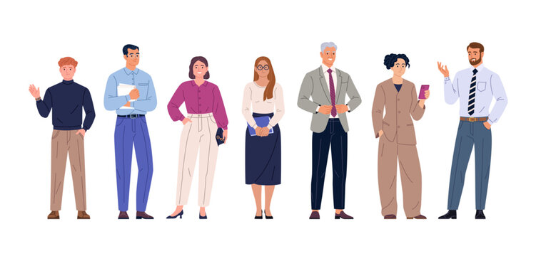 Business Team Collection. Vector cartoon illustration of a group of diverse people in business outfits standing together. Isolated on a transparent background.