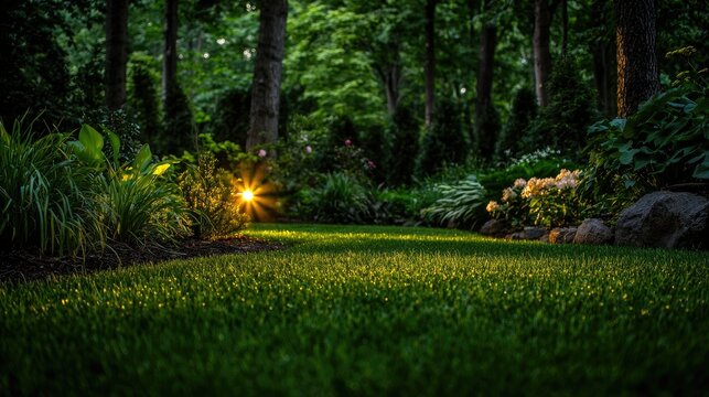 Lush green lawn illuminated by a single outdoor landscape light at twilight