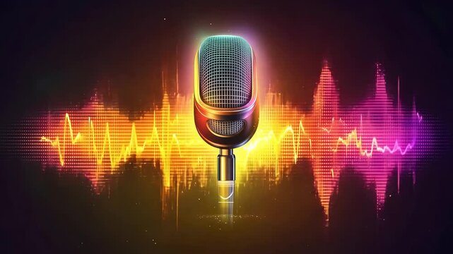 A glowing microphone stands in front of colorful sound wave patterns representing audio and music