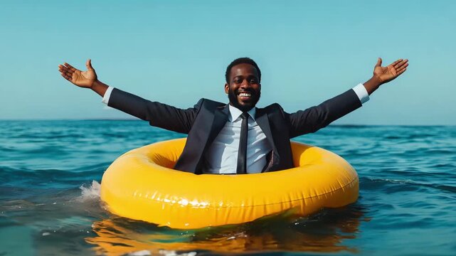 Black businessman wearing a suit is floating on a yellow inner tube in the ocean while smiling and enjoying the sun