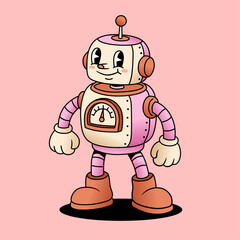 Obraz premium Retro Pink Cartoon Robot Character Standing With Smiling Face and Vintage Gauge Chest Illustration
