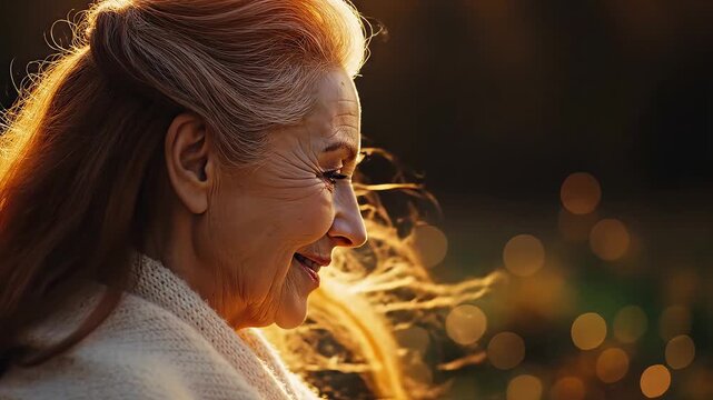Profile of an elderly woman in warm light highlighting geometric patterns and contemporary art