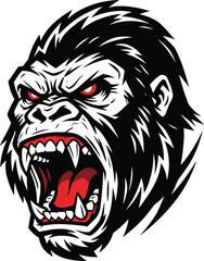 Fierce silverback gorilla esports mascot head illustration with aggressive expression and red glowing eyes vector. © Vector Creative Art