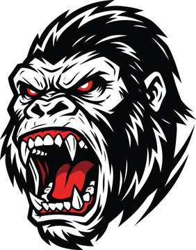 Fierce silverback gorilla esports mascot head illustration with aggressive expression and red glowing eyes vector.
