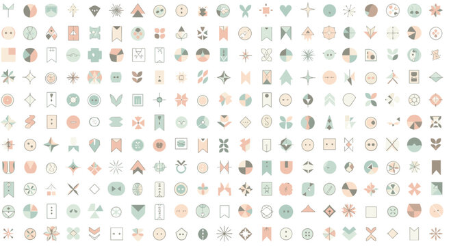 Large set of tiny abstract icons and geometric symbols in soft colors for minimalist logo design, patterns, or infographic elements.
