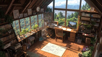 Fototapeta premium Sunlight streams into an attic workspace filled with books, plants, and drafting materials overlooking a forested cityscape.