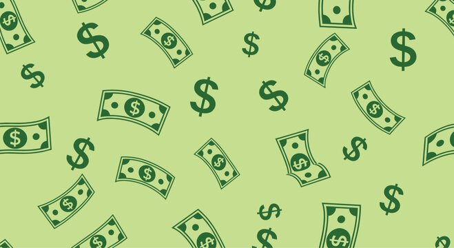 Seamless background pattern featuring falling green dollar bills and currency symbols on a light green textured surface for finance.