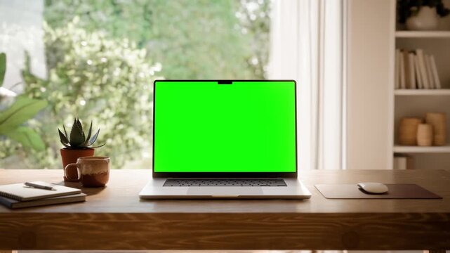 Laptop Green Screen Mockup on Desk in Bright Modern Home Office- Front View