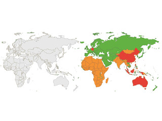 Fototapeta premium World map comparison with colored regions and grayscale outline