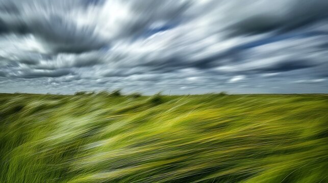 Windy day on a grassy plain with tall grass bending under gusts of wind and clouds moving quickly across the sky The dynamic scene captures the feeling of movement and natural energy