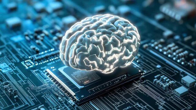 A brain appears above a circuit board, illustrating the connection between artificial intelligence and human intellect in a tech environment