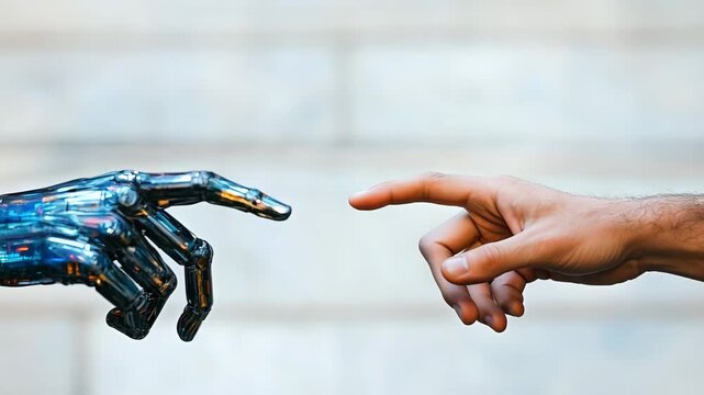 A human hand reaches out to touch a robotic hand in an interaction that explores the fusion of AI technology and humanity