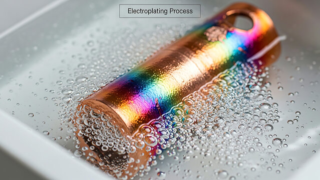 A shiny metallic object undergoes electroplating in a water-filled container with rainbow colors appearing on its surface.