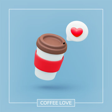Paper coffee cup with heart symbol and love message. Disposable takeaway realistic cup with love symbol. Great for Valentine's Day cafe promotions or restaurant advertising templates with love theme.