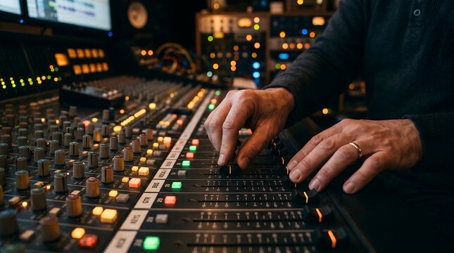 Produser Audio Mengoperasikan Meja Mixer di Studio Rekaman Musik