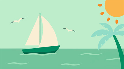 Naklejka premium Minimalist illustration of a sailboat on tropical waters under the sun