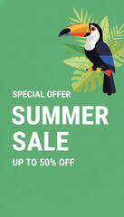 Naklejka premium A toucan perches on tropical leaves, advertising a summer sale with a discount, symbolizing seasonal promotions and tropical themes