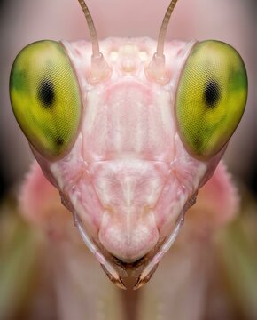 Extreme macro portrait of a pink orchid mantis face