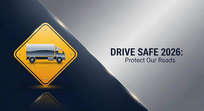Yellow diamond caution sign with a truck graphic, conveying road safety message, symbolizing transportation security and safe driving practices