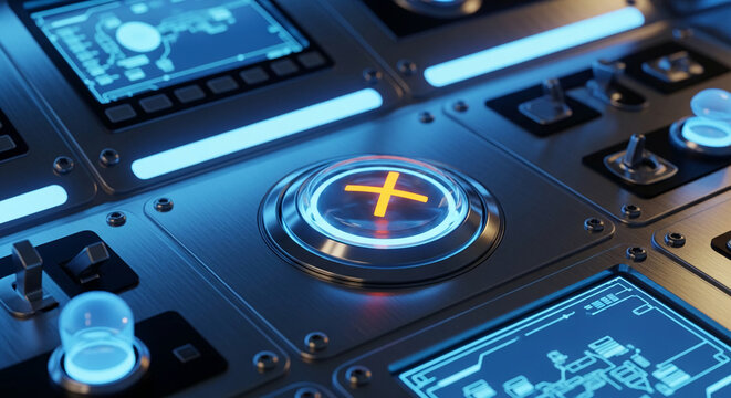 Close-up of a futuristic control panel with glowing buttons and screens, symbolizing technology, innovation, and control, representing advanced interfaces and digital command systems