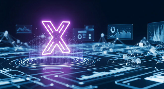 Abstract digital interface with glowing purple letter X and data visualization, representing technology, innovation, and analytics, perfect for business or science concepts