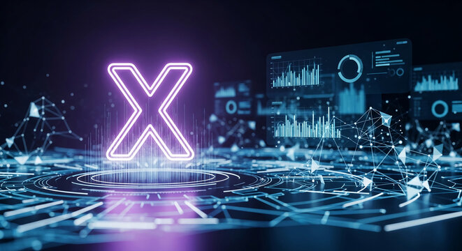 Neon letter X on a futuristic digital landscape with glowing lines and data charts, symbolizing technology, innovation, and analysis, ideal for science or business.