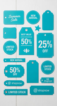Collection of blue sale tags and labels showcasing discounts, new arrivals, and limited stock, symbolizing retail promotion and commercial offers, ideal for marketing.