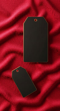Two blank black tags with gold trim on a textured red fabric, symbolizing gift, sale, or price, ideal for promotions and luxury product display