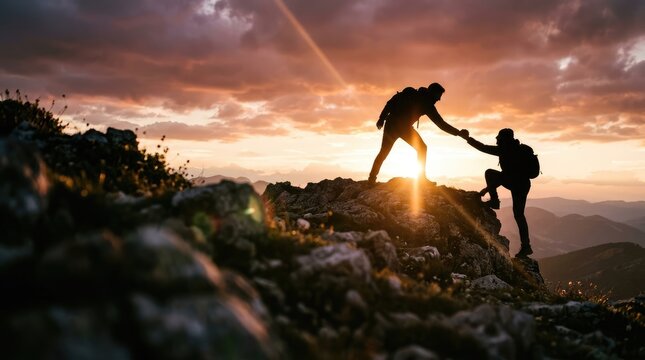Two hikers silhouetted against a dramatic sunset, helping each other ascend a rocky peak.