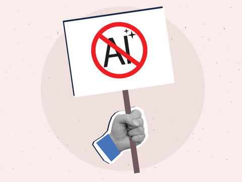 Hand holding protest banner with a sign prohibiting artificial intelligence tools -text AI in a crossed  red round sign. Modern photo collage style. Vector illustration