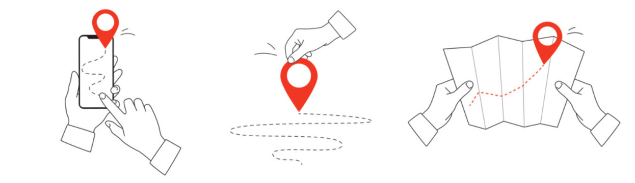 Navigation and destination - a collection of linear design elements with a red accent.  Vector illustration on a white background